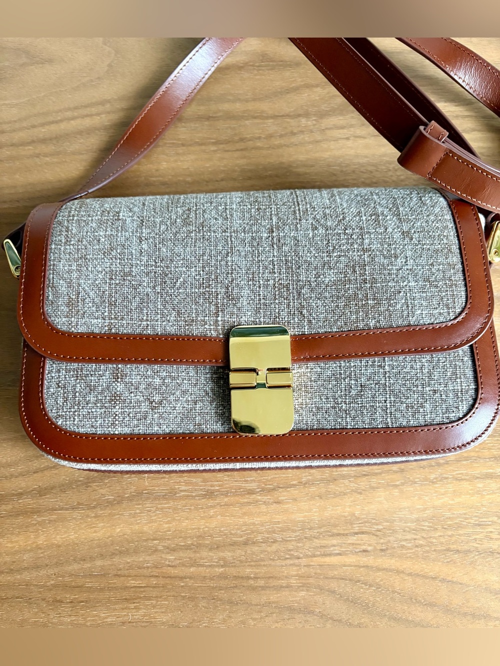 A.P.C Grace Woven Canvas and Brown Leather Crossbody Bag with Gold Clasp